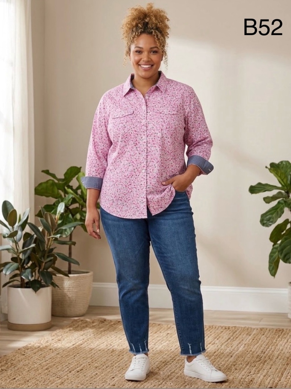 St. John's Bay 100% Cotton Pink Floral Button-Front Shirt with Blue Jeans, XL